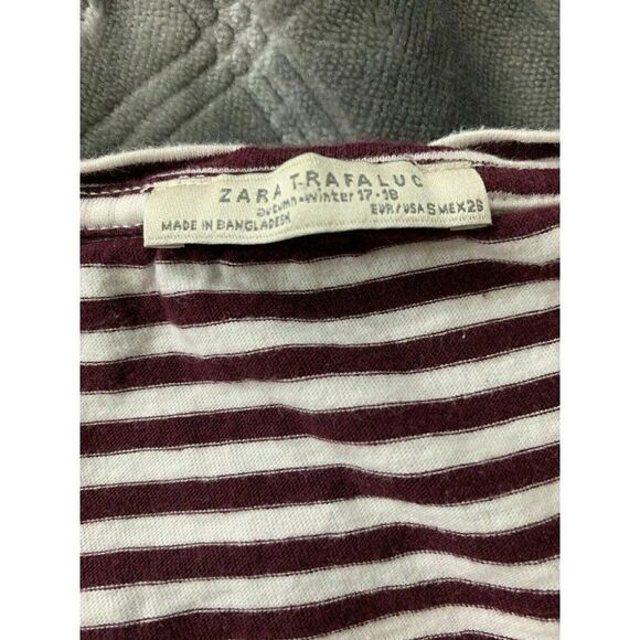 Zara Womens Purple Plum White Striped Short Sleeve Top T Shirt V Neck Small - Picture 5 of 6